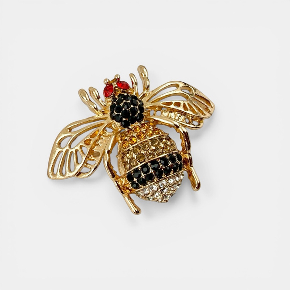 Vintage Style Bee Brooch Gold Tone Rhinestone Insect Pin Black Gold Crystal Stat - Picture 2 of 4